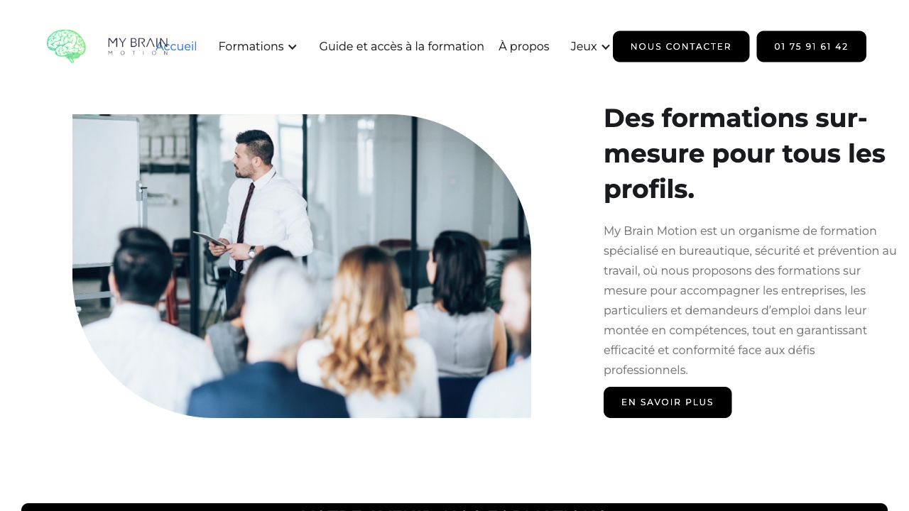 Page d'accueil MyBrainMotion présentant les formations sur mesure
