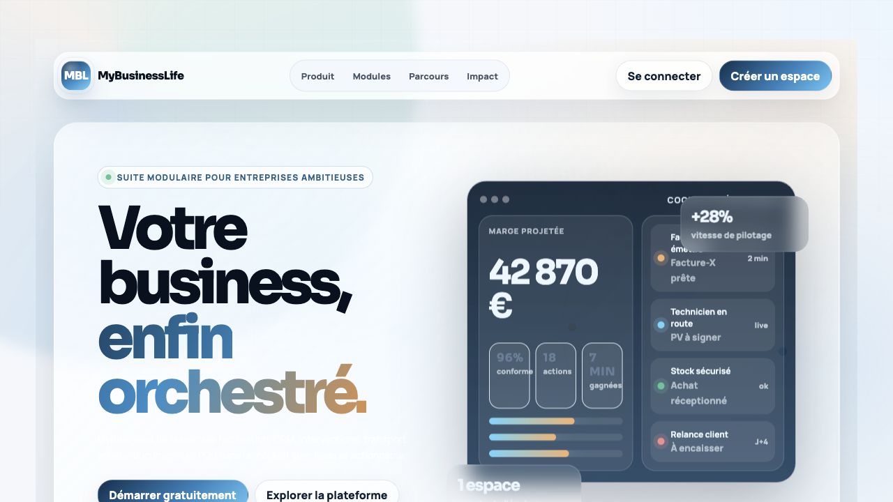 Accueil public MyBusinessLife App et aperçu du cockpit