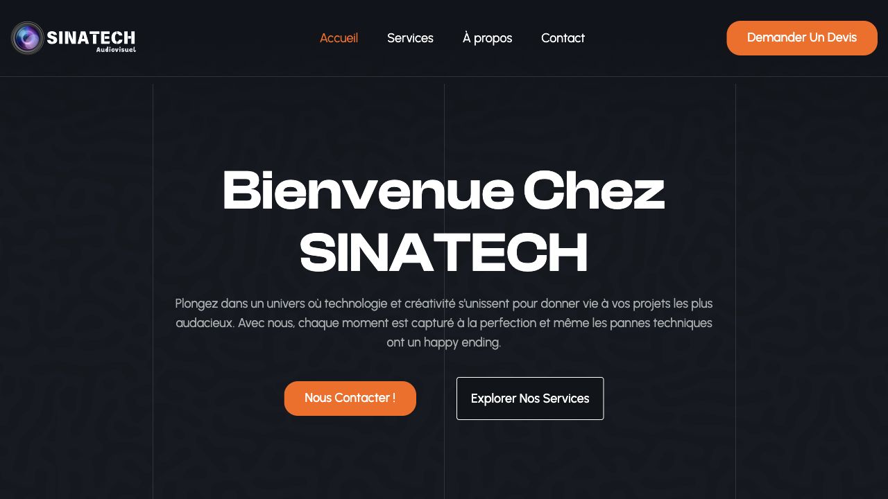 Page d'accueil de Sinatech AV avec le message de bienvenue et les appels au contact